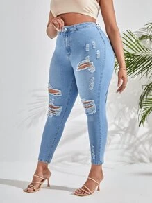Jeans ajustados desgarro de talle alto - Lavado ligero - Ver 3