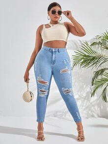 Jeans ajustados desgarro de talle alto - Lavado ligero - Ver 4