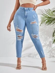 Jeans ajustados desgarro de talle alto - Lavado ligero - Ver 1