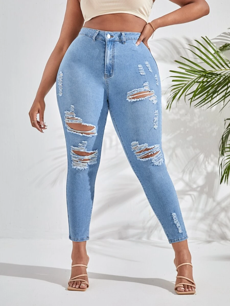 Jeans ajustados desgarro de talle alto - Lavado ligero - Ver 1