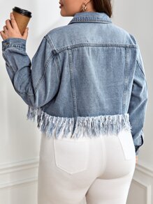 Plus Raw Cut Flap Pocket Crop Denim Jacket - Medium Wash - View 2