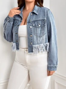 Plus Raw Cut Flap Pocket Crop Denim Jacket - Medium Wash - View 3