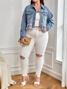 Plus Raw Cut Flap Pocket Crop Denim Jacket - Medium Wash - View 4