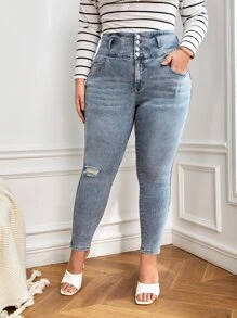 Jeans ajustados desgarro con bolsillo oblicuo - Lavado ligero - Ver 1