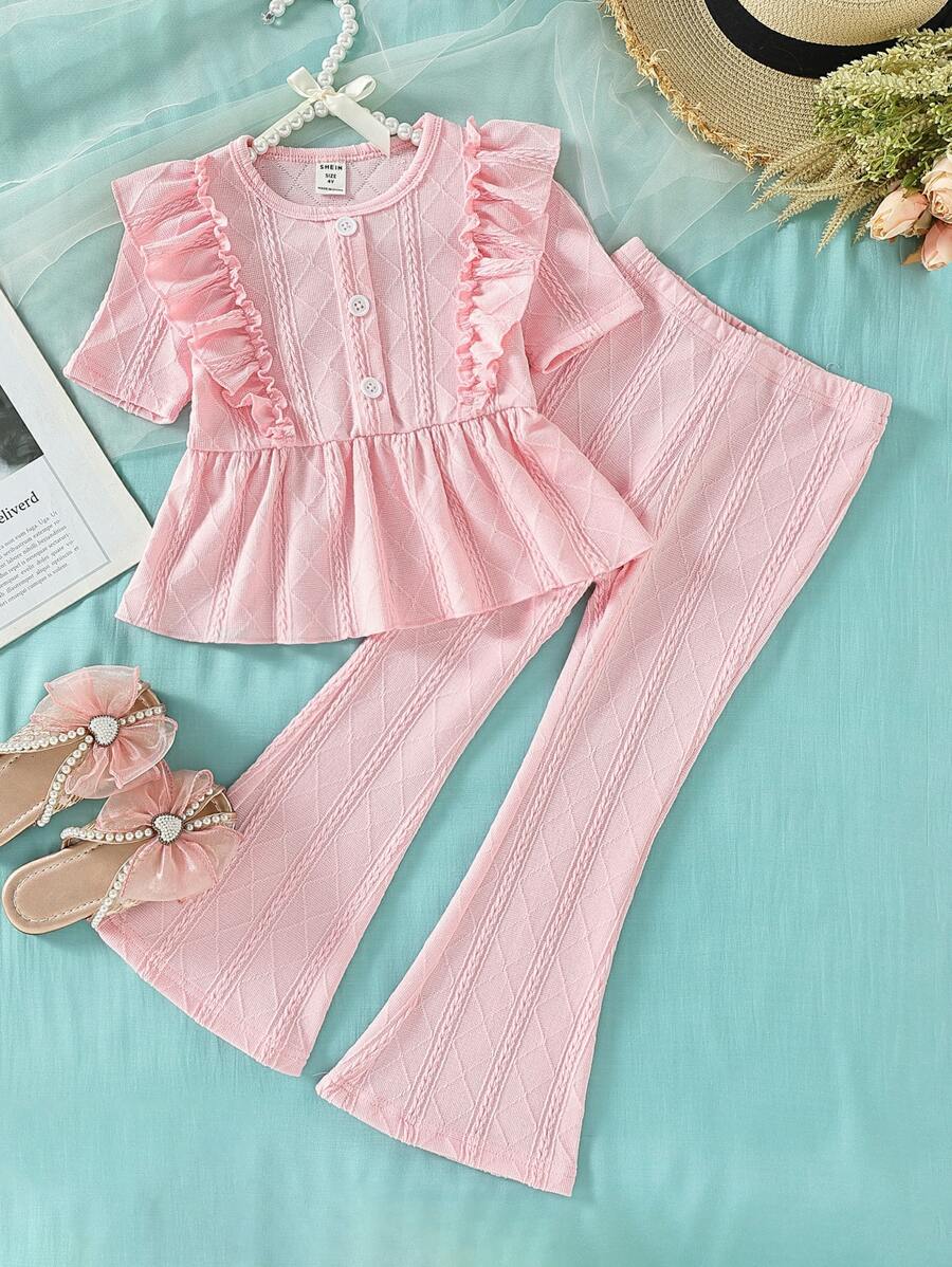 Toddler Girls Ruffle Trim Peplum Top & Flare Leg Trousers - Pink - View 1