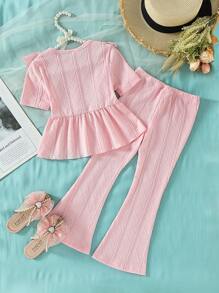 Toddler Girls Ruffle Trim Peplum Top & Flare Leg Trousers - Pink - View 2