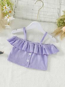 Niñas Camiseta ribete con fruncido de hombros descubiertos con diseño de botón