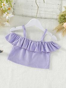 Niñas Camiseta ribete con fruncido de hombros descubiertos con diseño de botón