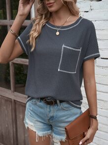 SHEIN LUNE Top-stitching Pocket Patched Waffle Knit Tee - Dark Grey - View 1