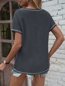 SHEIN LUNE Top-stitching Pocket Patched Waffle Knit Tee - Dark Grey - View 2