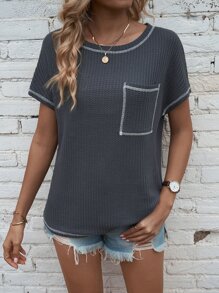 SHEIN LUNE Top-stitching Pocket Patched Waffle Knit Tee - Dark Grey - View 3
