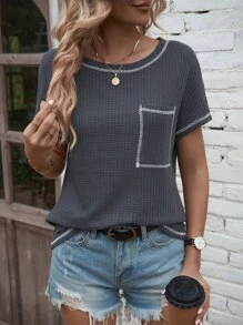 SHEIN LUNE Top-stitching Pocket Patched Waffle Knit Tee - Dark Grey - View 5