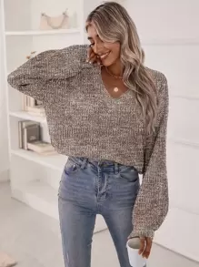 SHEIN LUNE V Neck Drop Shoulder Jumper - Brown - View 4