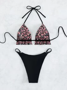 小花印花荷葉邊露肩頸三角形夏季沙灘比基尼套裝 - 彩色 - 查看 4