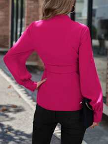 SHEIN LUNE Asymmetrical Hem Belted Blouse - Hot Pink - View 2
