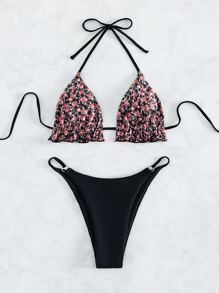 小花印花荷葉邊露肩頸三角形夏季沙灘比基尼套裝 - 彩色 - 查看 7