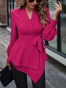 SHEIN LUNE Asymmetrical Hem Belted Blouse - Hot Pink - View 6