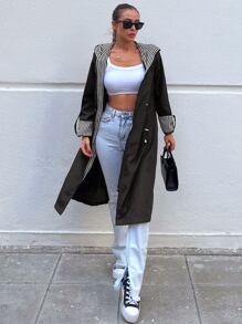 EURMUSE Striped Print Roll Tab Sleeve Drawstring Waist Hooded Coat - Black - View 3