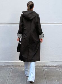 EURMUSE Striped Print Roll Tab Sleeve Drawstring Waist Hooded Coat - Black - View 2
