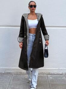 EURMUSE Striped Print Roll Tab Sleeve Drawstring Waist Hooded Coat - Black - View 5