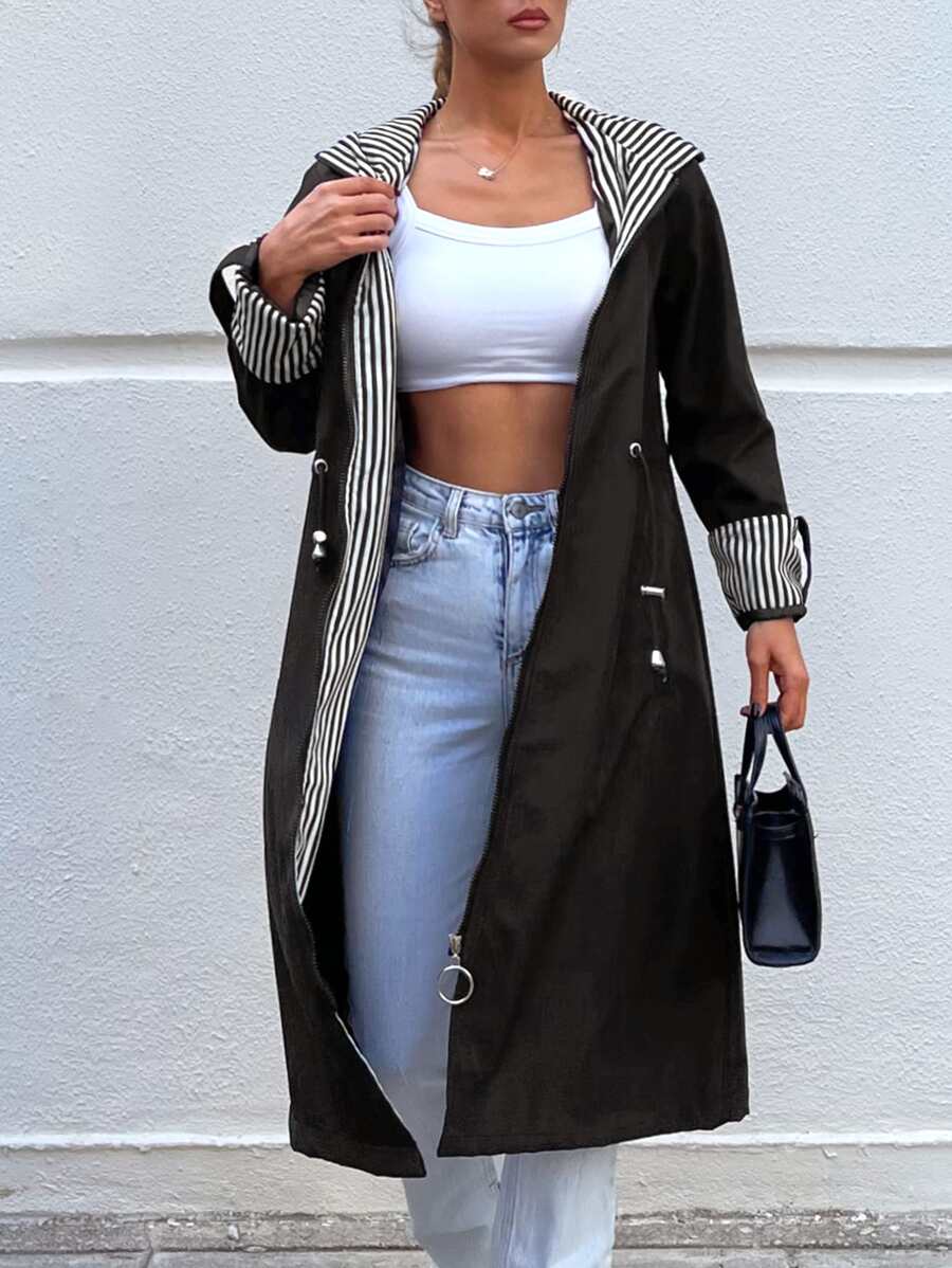 EURMUSE Striped Print Roll Tab Sleeve Drawstring Waist Hooded Coat - Black - View 1
