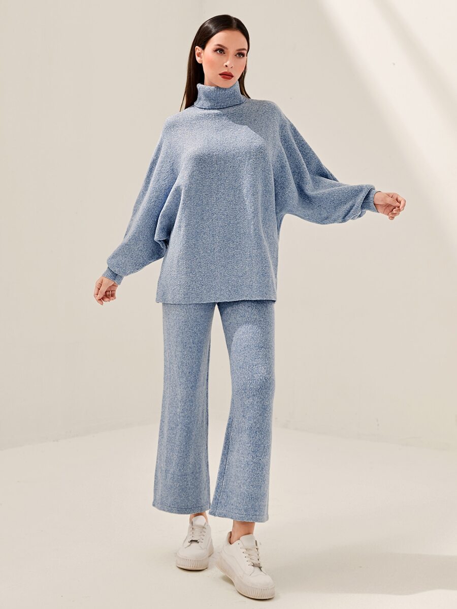Mulvari Turtle Neck Drop Shoulder Jumper & Knit Trousers Without Belt - Dusty Blue - View 1