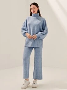 Mulvari Turtle Neck Drop Shoulder Jumper & Knit Trousers Without Belt - Dusty Blue - View 3