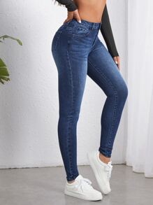 SHEIN Essnce Quần jean nữ Túi Dây kéo Nút màu trơn - Rửa tối - Xem 5