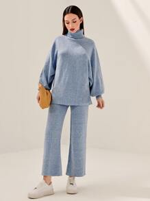 Mulvari Turtle Neck Drop Shoulder Jumper & Knit Trousers Without Belt - Dusty Blue - View 4