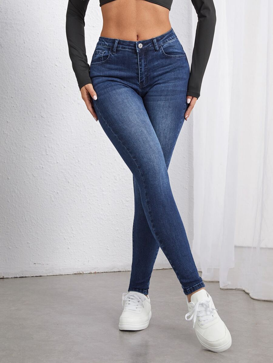 SHEIN Essnce Quần jean nữ Túi Dây kéo Nút màu trơn - Rửa tối - Xem 1