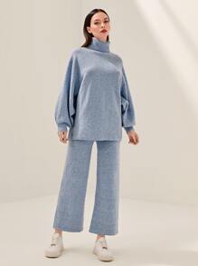 Mulvari Turtle Neck Drop Shoulder Jumper & Knit Trousers Without Belt - Dusty Blue - View 5