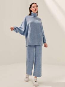 Mulvari Turtle Neck Drop Shoulder Jumper & Knit Trousers Without Belt - Dusty Blue - View 6