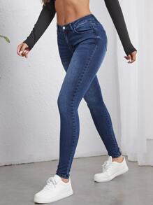 SHEIN Essnce Quần jean nữ Túi Dây kéo Nút màu trơn - Rửa tối - Xem 4