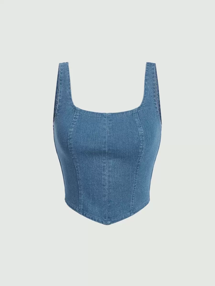 SHEIN MOD 後拉鏈背心牛仔上衣 - 中等水洗藍 - 查看 1