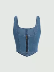 SHEIN MOD 後拉鏈背心牛仔上衣 - 中等水洗藍 - 查看 2