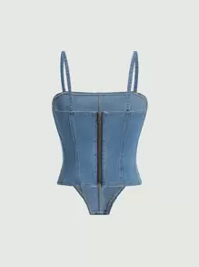 SHEIN MOD Áo khoác denim nữ Bất đối xứng Dây kéo màu trơn Giải trí - Rửa nhẹ - Xem 2