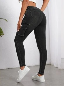 Jeans ajustados con bolsillo lateral con solapa - Negro - Ver 3