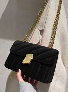 简约刺绣天鹅绒小号单肩包，时尚百搭女士斜挎包 - 黑色 - 查看 5