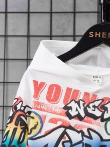 SHEIN Tween Boy Letter And Dinosaur Print Hoodie & Sweatpants - Royal Blue - View 5