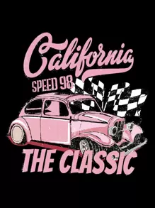 INAWLY 汽车字母图案抽绳保暖连帽套头衫秋季卫衣 - 黑色 - 查看 5