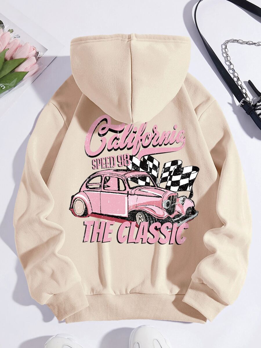 SHEIN EZwear Car & Letter Graphic Drawstring Thermal Lined Hoodie - Apricot - View 1