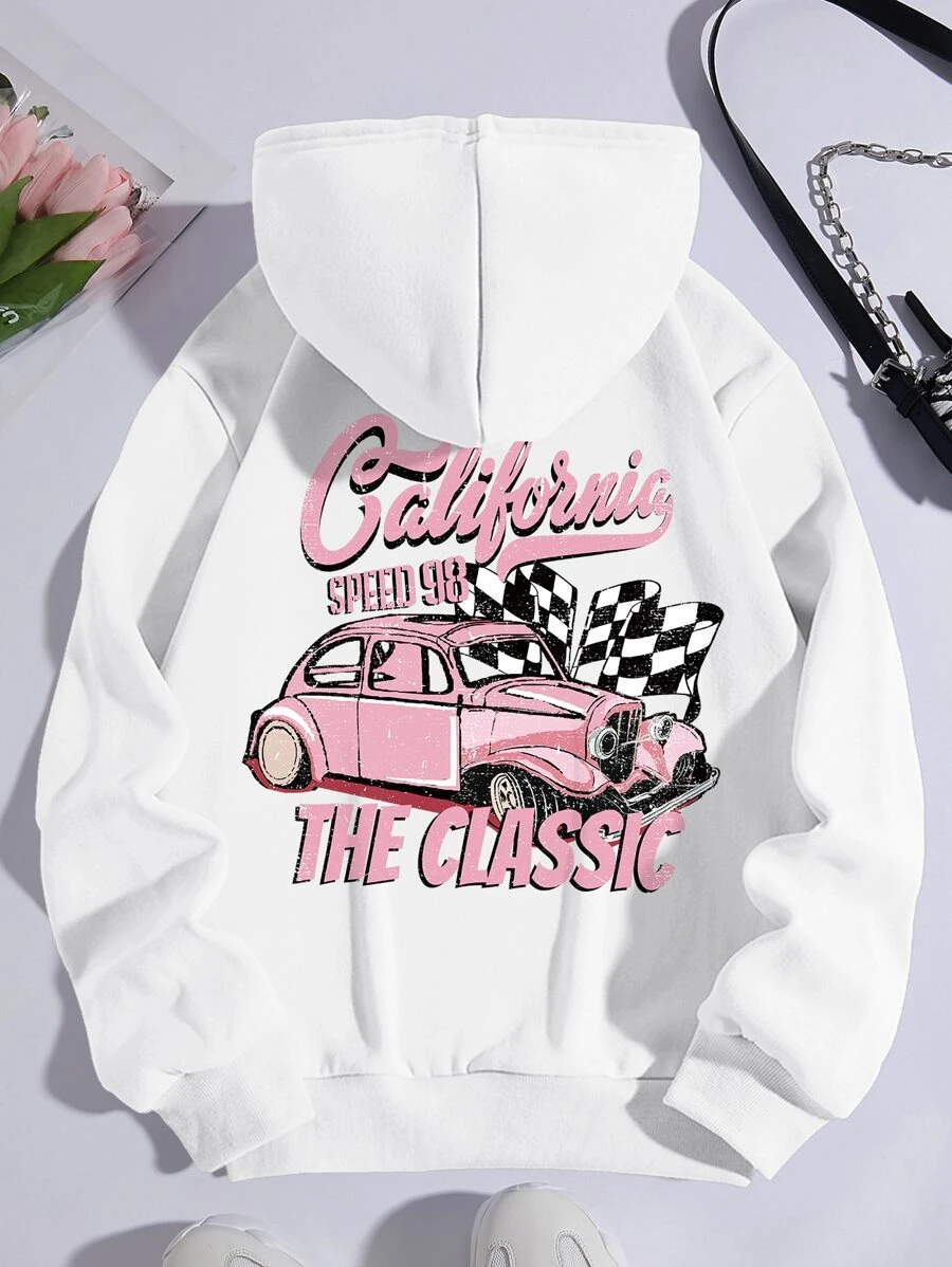 SHEIN EZwear Car & Letter Graphic Drawstring Thermal Lined Hoodie - White - View 1