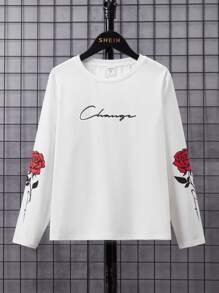 SHEIN Round Neck Long Sleeve Tween Boy's T-Shirt With Letter & Flower Print - White - View 3