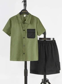 SHEIN Boys Colourblock Flap Pocket Shirt & Shorts - Multicolor - View 1