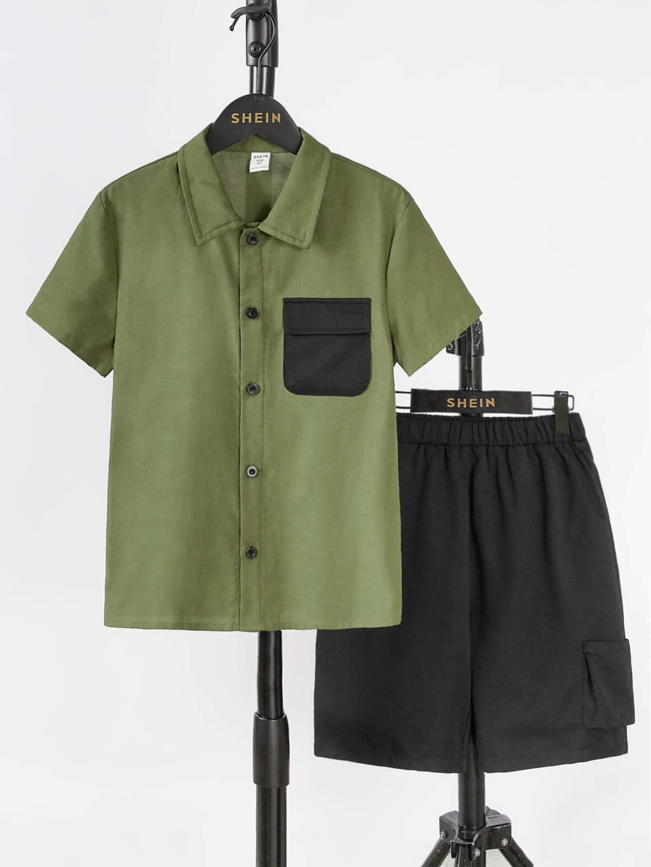 SHEIN Boys Colourblock Flap Pocket Shirt & Shorts - Multicolor - View 1