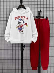 SHEIN Boys Letter & Cartoon Graphic Hoodie & Joggers - Red and White - View 1