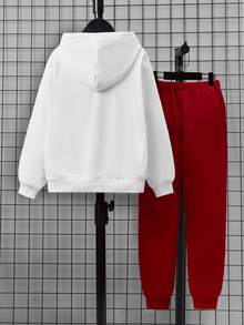 SHEIN Boys Letter & Cartoon Graphic Hoodie & Joggers - Red and White - View 2
