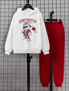 SHEIN Boys Letter & Cartoon Graphic Hoodie & Joggers - Red and White - View 5