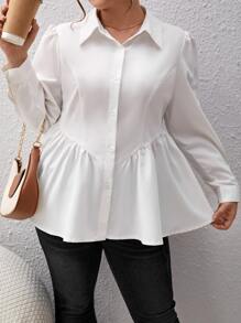 SHEIN Privé Plus Puff Sleeve Peplum Shirt - White - View 1