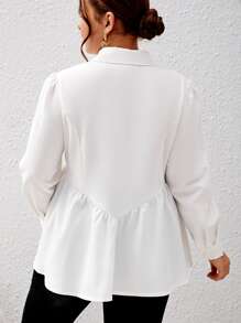 SHEIN Privé Plus Puff Sleeve Peplum Shirt - White - View 2